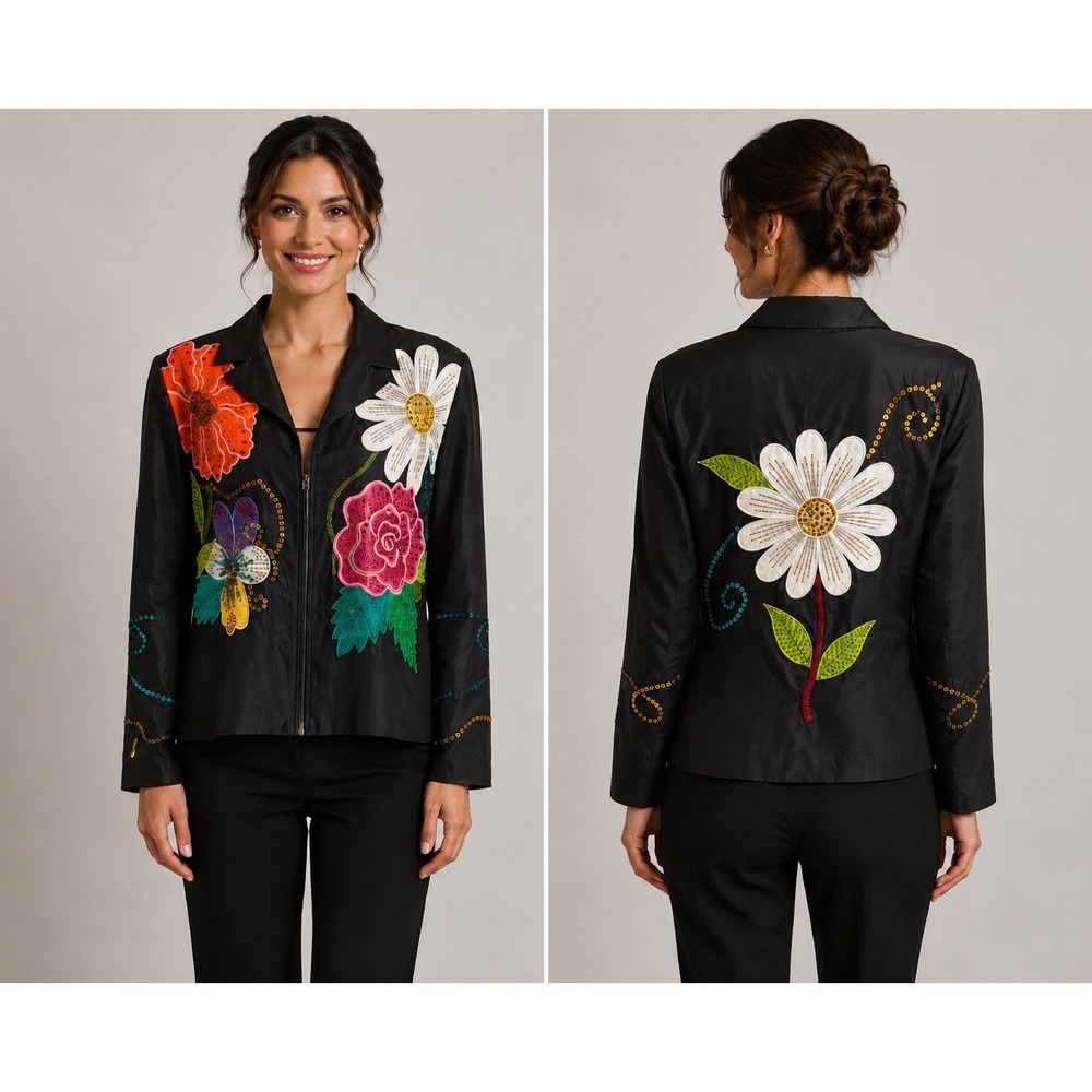 Russell Kemp Collection Silk Floral Embroidered Sequin Zip Jacket Black Size 16